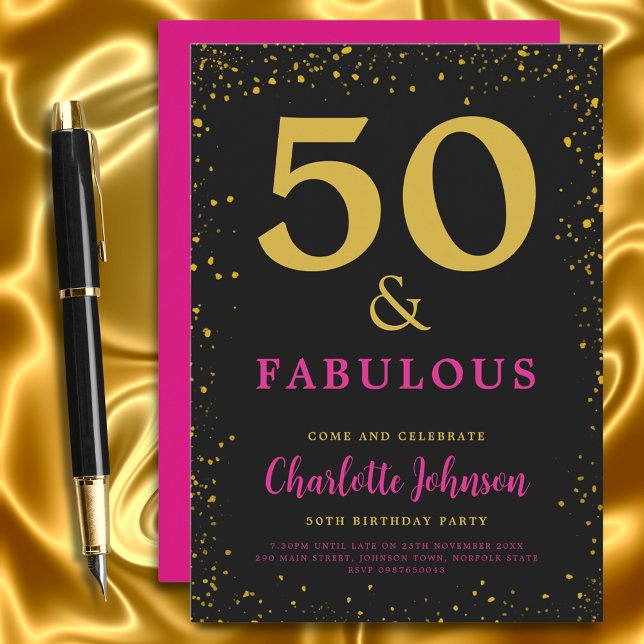 Invitation Moderne 50ème anniversaire Pink (50 and fabulous stylish black pink and gold glitter 50th birthday party invitation )