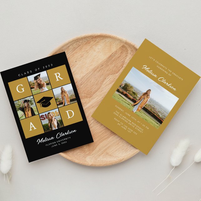 Invitation Moderne 5 Photo Collage noir & moutarde Graduation (Créateur téléchargé)