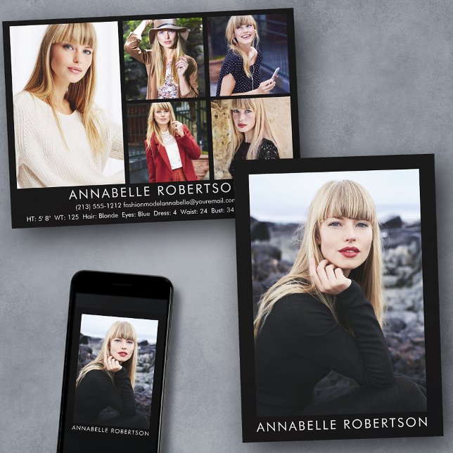 Invitation Moderne 6 Photos Modèle et Actor Comp Card (Customize to change background color, text size or text style. Available for prints and download.)