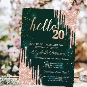 Invitation Moderne Anniversaire 20 Ans Vert Paillettes Rose G
