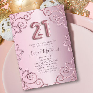 Invitation Moderne Anniversaire 21 Ans Paillettes Rose Brilla