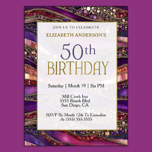 Invitation Moderne Anniversaire 50 Ans Strata Or Violet Bijou