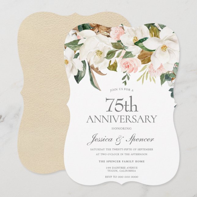 Invitation Moderne Anniversaire de Mariage 75 Ans Floral Blan (Devant / Derrière)