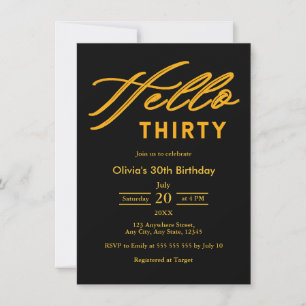 Invitation Moderne Anniversaire des 30 ans Noir & Or Hello Th