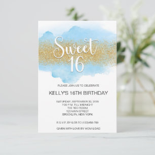 Invitation Moderne Aquarelle Bleu Sweet 16 Seize