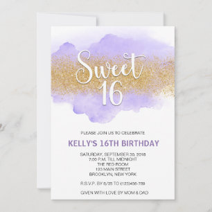 Invitation Moderne aquarelle violet Sweet 16 Seize