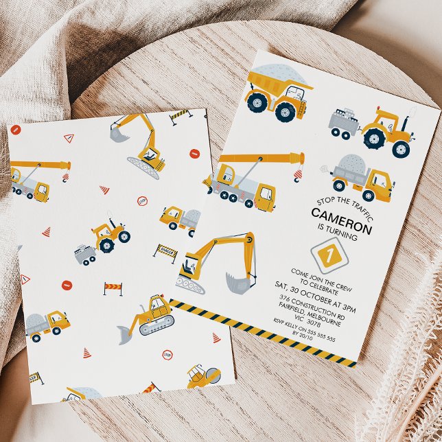 Invitation Moderne Arrêter Le Trafic Construction 1er Anniver (Modern stop the traffic, construction themed 1st birthday invitation in yellow, black and grey.)