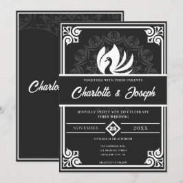 Invitation Moderne Art Déco Swan Blanc et noir Mariage