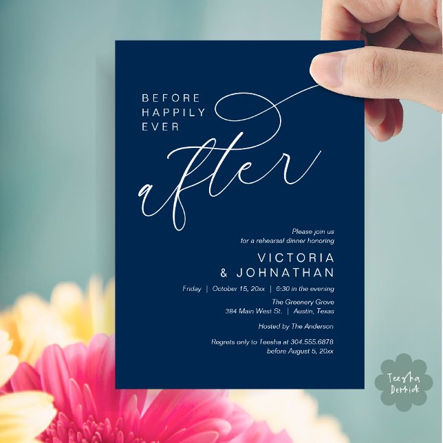 Invitation Moderne Avant Heureusement Jamais Après Le Dîner D (Modern Before Happily Ever After Romantic Rehearsal Dinner Invites Card PDF Aesthetic navy Blue)