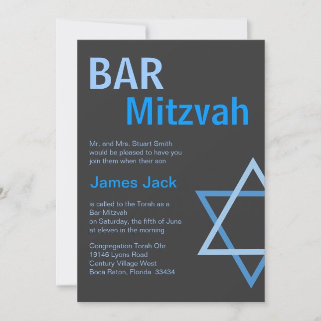 Invitation Moderne Bar Mitzvah Invitition - Bleu & Gris (Devant)