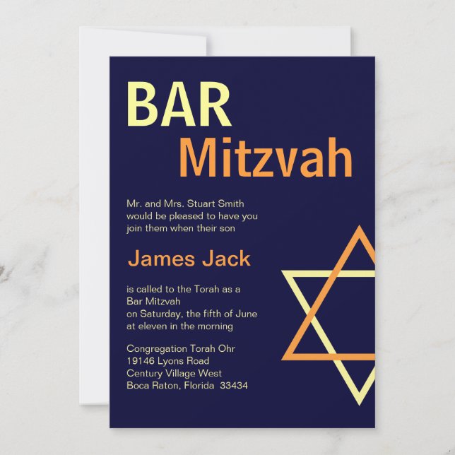 Invitation moderne Bar Mitzvah - Orange & Navy Blu (Devant)
