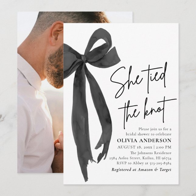 Invitation Moderne Black Bow Elle a lié la Fête des mariées d (Devant / Derrière)