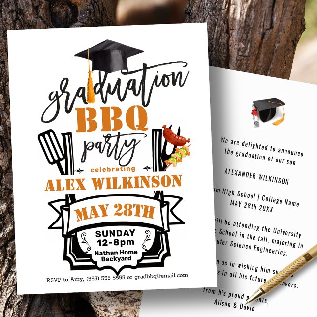 Invitation Moderne Black Fun Script Graduation BBQ Party (Créateur téléchargé)