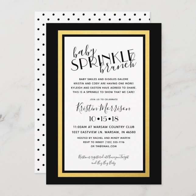 Invitation moderne Black Gold Baby Sprinkle (Devant / Derrière)