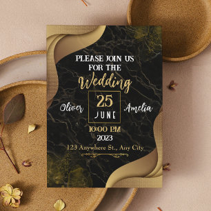 Invitation Moderne Black & Gold Elegant Mariage en marbre de 