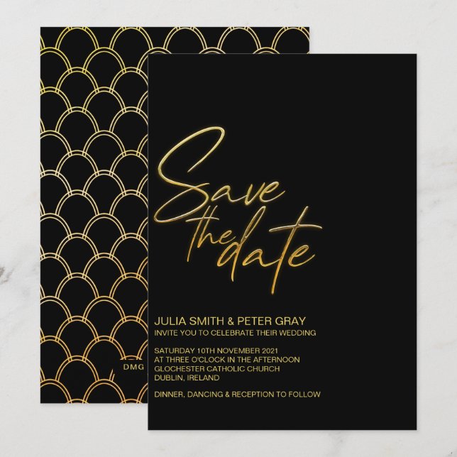 Invitation Moderne Black & Gold Flat Économisez La Date Invit (Devant / Derrière)