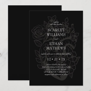 Invitation Moderne Black Gothique Élégant Floral Heart Mariag