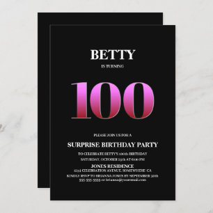 Invitation Moderne Black Pink Surprise 100e anniversaire