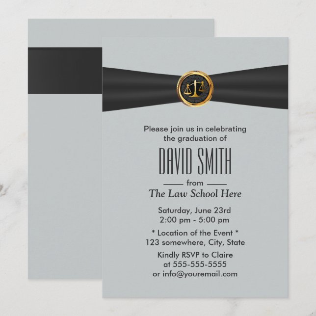 Invitation Moderne Black Ruban Silver Law School Graduation (Devant / Derrière)