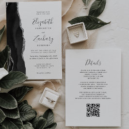 Invitation Moderne Black Silver Agate QR Code Mariage