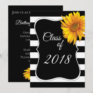 Invitation Moderne BlackWhite Stripe Sunflower 2018 Graduatio