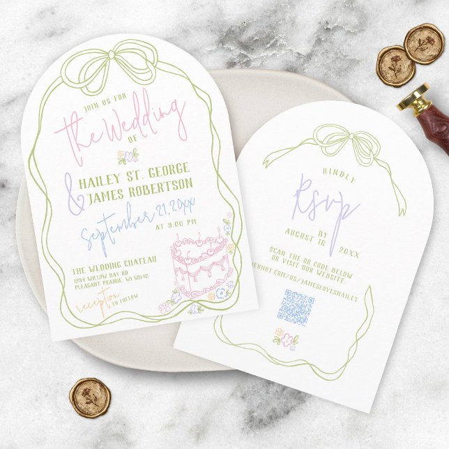 Invitation Moderne blanche de mariage pastel à l'arc dessinée (All-in-one quirky modern retro hand drawn written bow cake floral wedding invitation QR code RSVP)