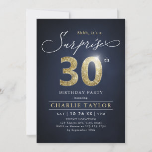 Invitation Moderne bleu et or adulte surprise 30e anniversair