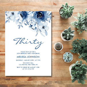 Invitation Moderne Bleu Rose Flore verdure 30e anniversaire