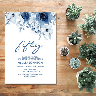 Invitation Moderne Bleu Rose Flore verdure 50e anniversaire