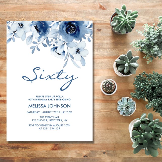 Invitation Moderne Bleu Rose Flore Verdure 60e anniversaire (Créateur téléchargé)