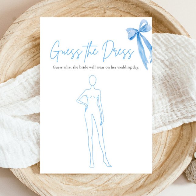 Invitation Moderne Blue Bow Devinez La Fête des mariées Robe  (Modern Watercolor Dusty Blue Bow Guess The Dress Bridal Shower Game)