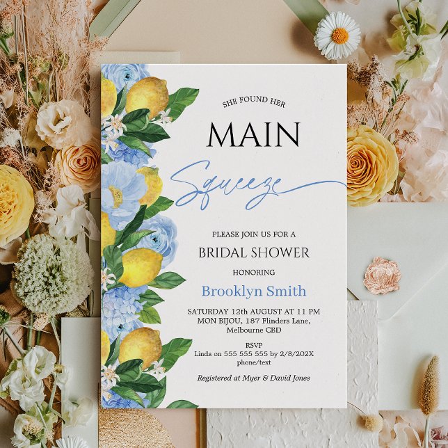 Invitation Moderne Blue Floral Lemon Fête des mariées à thème (Lemon Bridal Shower Invitation Template, Blue Floral Lemon Bridal Shower, She Found her Main Squeeze)