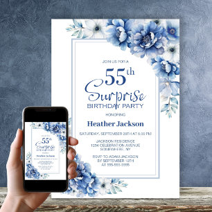 Invitation Moderne Blue Floral Surprise 55ème anniversaire fê