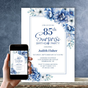 Invitation Moderne Blue Floral Surprise 85e fête d'anniversai