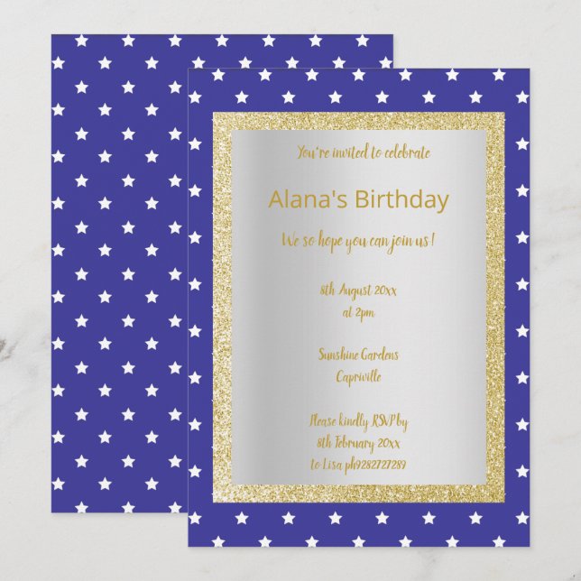 Invitation MODERNE BLUE Star TOUTE OCCASION PARTY Gold Gold (Devant / Derrière)