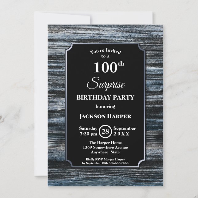 Invitation Moderne Blue Wood Surprise 100e fête d'anniversair (Devant)