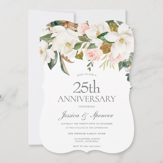 Invitation Moderne Blush Blanc Floral 25e Anniversaire de Mar (Devant)