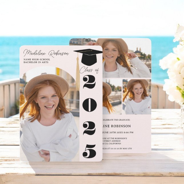 Invitation Moderne Blush et Black 4 photos Graduation (Modern Blush and Black 4 photos Graduation Invitation)