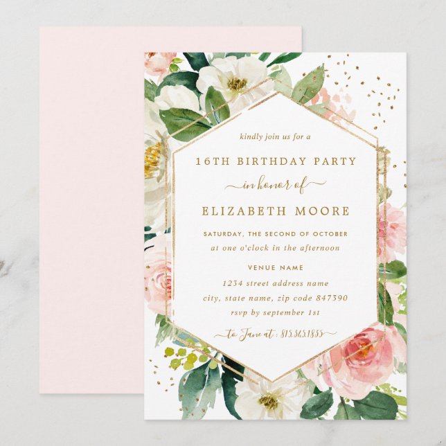 Invitation Moderne Blush Gold Floral 16e anniversaire Invitat (Devant / Derrière)