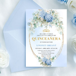 Invitation moderne boho bleu floral or pour les 15