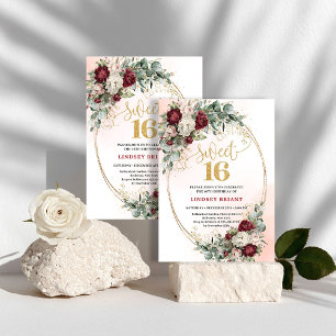 Invitation Moderne Boho Bourgogne Peonies Or Sweet Sixteen