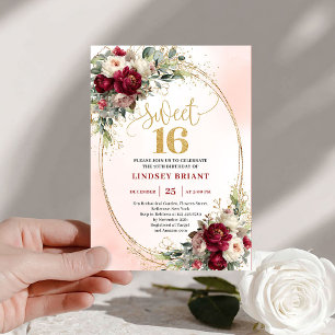 Invitation Moderne Boho Marsala Or Floral Sweet Sixteen