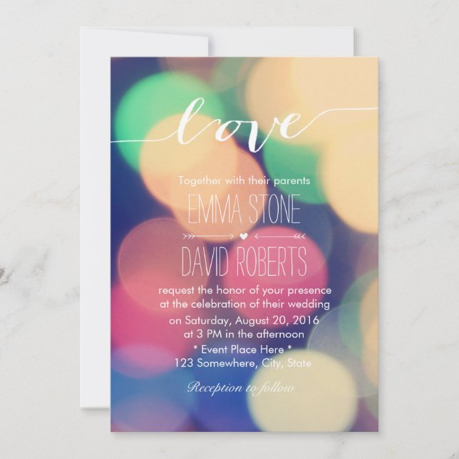 Invitation Moderne Bokeh Lumières Élégant Script Love Mariage (Devant)