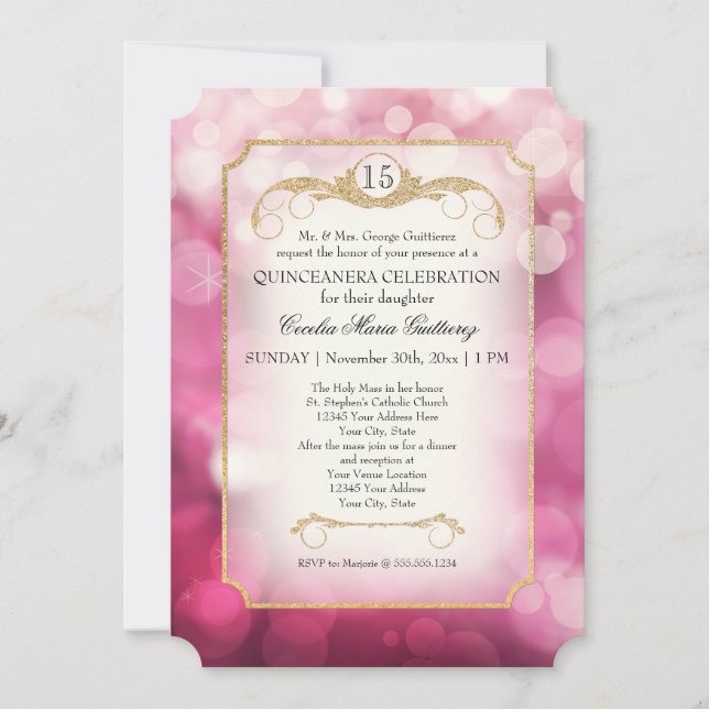 Invitation Moderne Bokeh Scintillement Rose Pailleté Quincean (Devant)