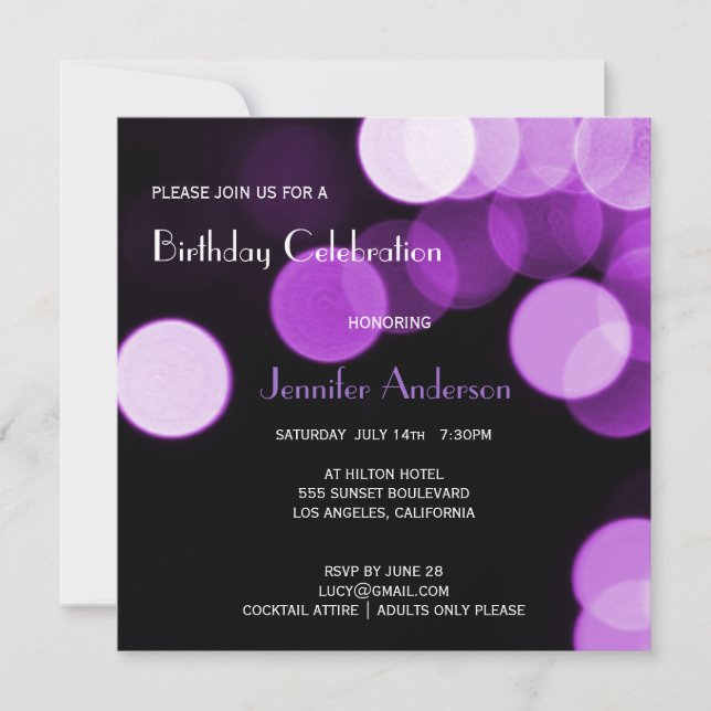 Invitation Moderne Bokeh Violet Pailleté & Anniversaire Glamo (Devant)