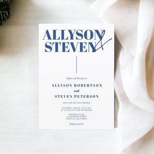Invitation moderne bold names script bleu photo mariage