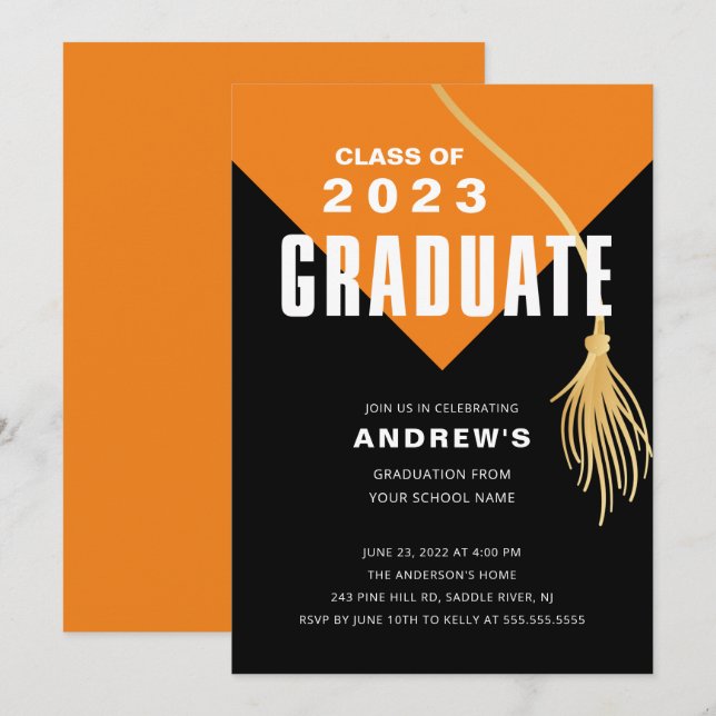 Invitation Moderne Bold Orange Casquette Graduatio (Devant / Derrière)
