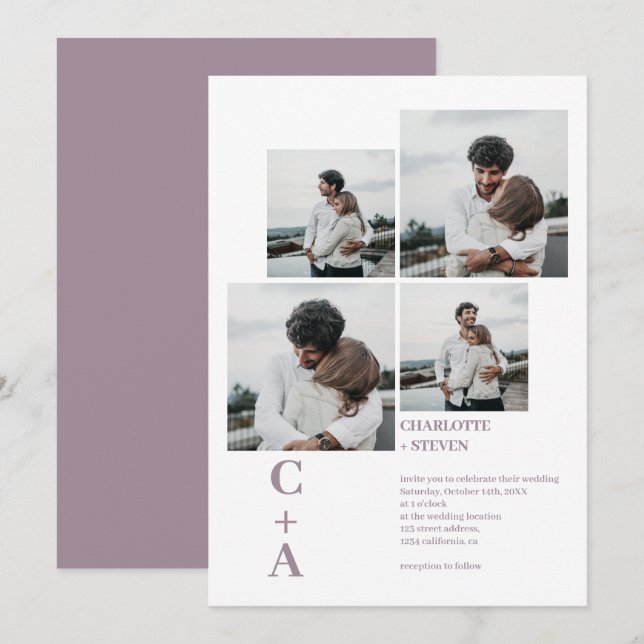 Invitation Moderne bold police lavender 4 photos grille maria (Devant / Derrière)
