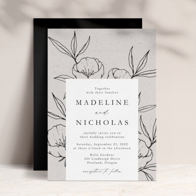 Invitation Moderne Botanique Floral Gris & Mariage noir (Créateur téléchargé)