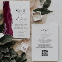 Moderne Bourgogne Argent Agate QR Code Mariage